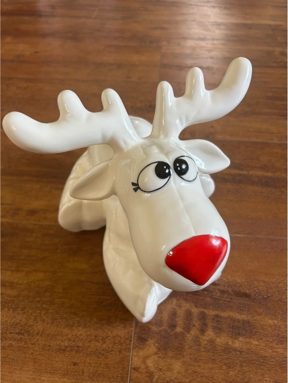 Ceramic White Reindeer Figurine with Red Nose